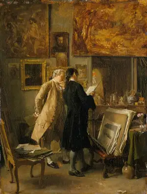Two men in an atelier examining a print together
