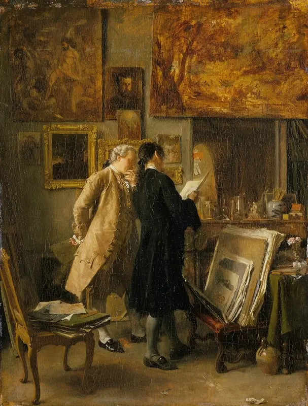 Two men in an atelier examining a print together