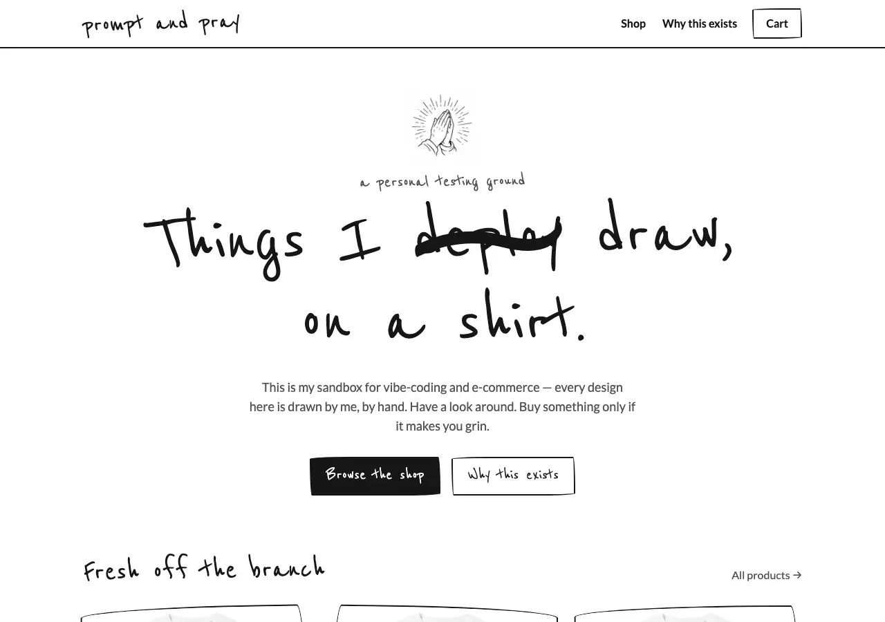 Homepage of prompt and pray, a hand-drawn t-shirt shop