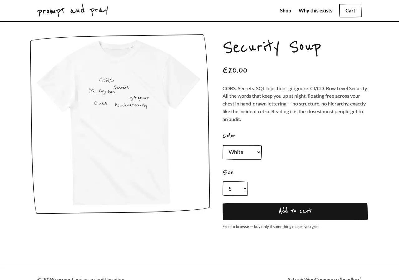 Product page with price, size selector and add-to-cart button