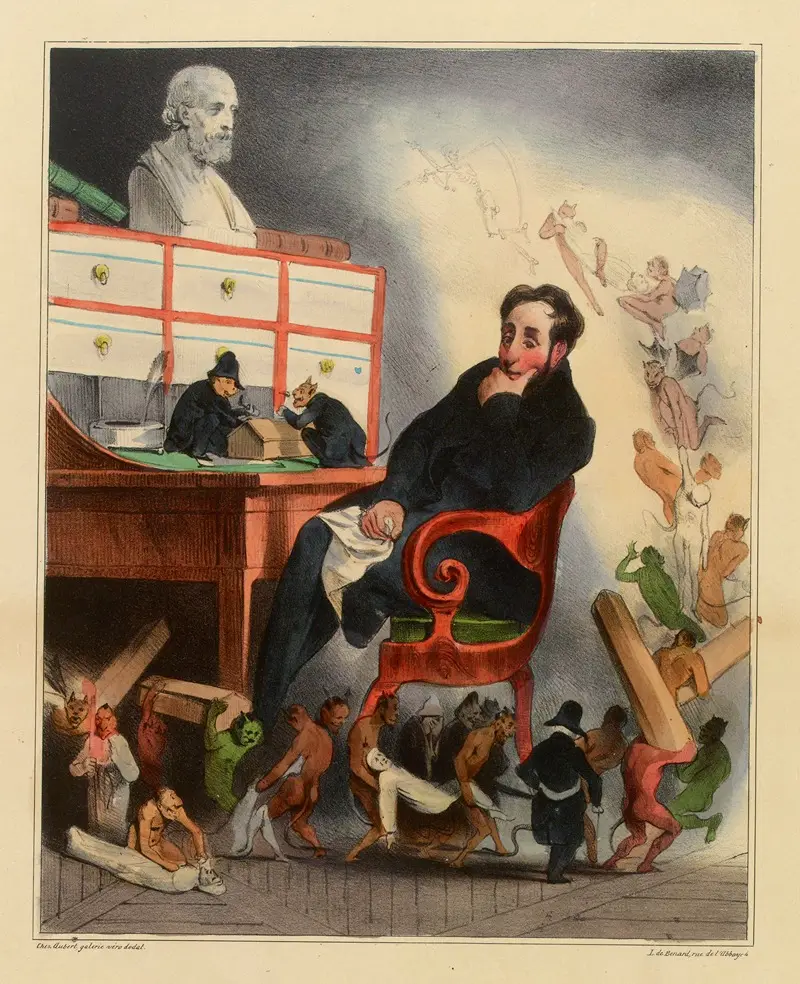 A 19th-century hand-coloured French lithograph: a well-dressed man slumps anxiously in a red armchair, one hand to his mouth, while a swarm of small coloured demons and imps scurries around him, carrying off papers and planks beneath a classical marble bust.