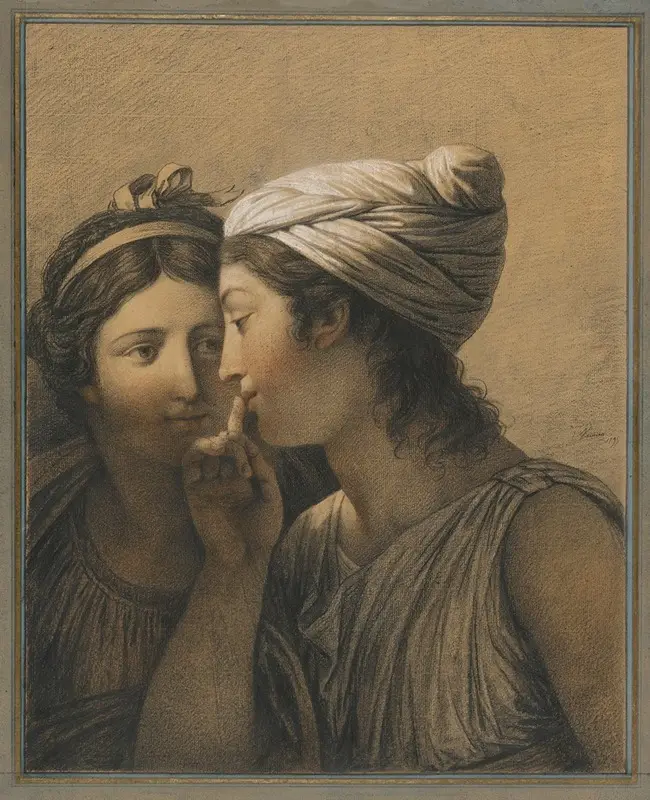Le Secret (1795) by François-André Vincent — a chalk drawing of two figures leaning close, one pressing a finger to her lips as she whispers a secret to the other.