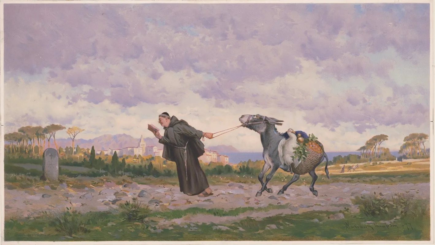 A monk reads a book while leading a laden donkey along a stony path