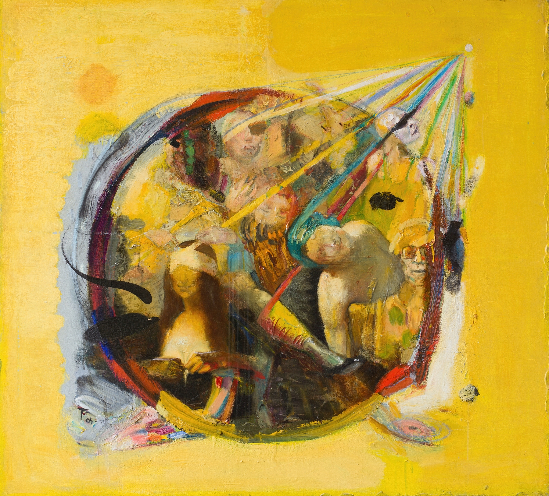 Akrüül (2004) by Tiit Pääsuke — a swirling, kaleidoscopic painting of figures and ribbons of colour caught in a tornado-like vortex against a bright yellow background