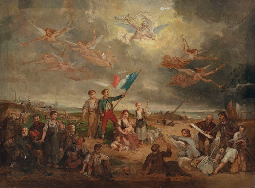 A French revolutionary allegory — a boy holds the tricolour flag while cherubs fly overhead and people gather around
