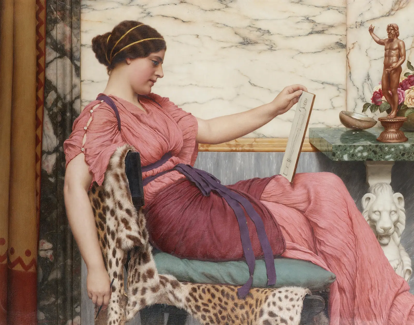 A woman in a rose-pink gown reclines on a leopard-skin chair, holding up a small drawing of a statue